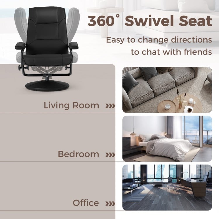 Swivel lounge chair recliner in black eco-friendly leather with ottoman, featuring 360-degree swivel for versatile.